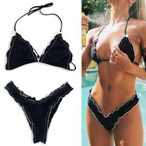 NWT Princess Polly Kathrine Triangle Bikini Set Black White Trim Size US 6/8 NEW